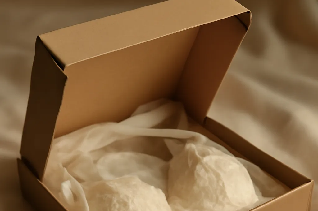 Colis en carton neutre entrouvert avec du papier de soie, tissu de lingerie délicat visible à l'intérieur
