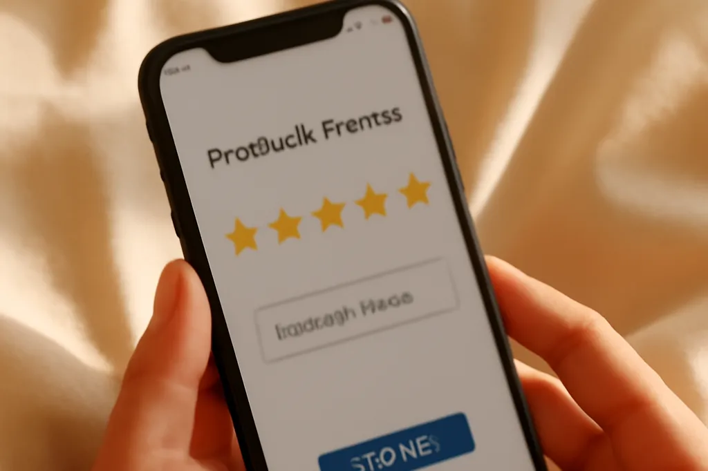 Écran de smartphone affichant une interface d'avis produit avec des étoiles, sur fond de tissu clair