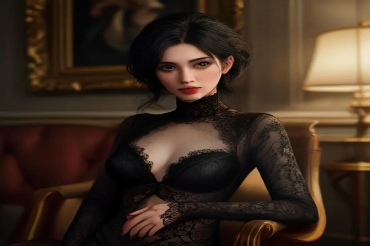 Femme élégante en body de dentelle noire et soie, alternative artisanale raffinée à Victoria's Secret