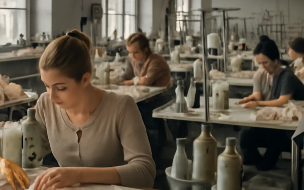 Atelier de confection textile en Europe de l'Est, couturières travaillant sur des pièces de lingerie