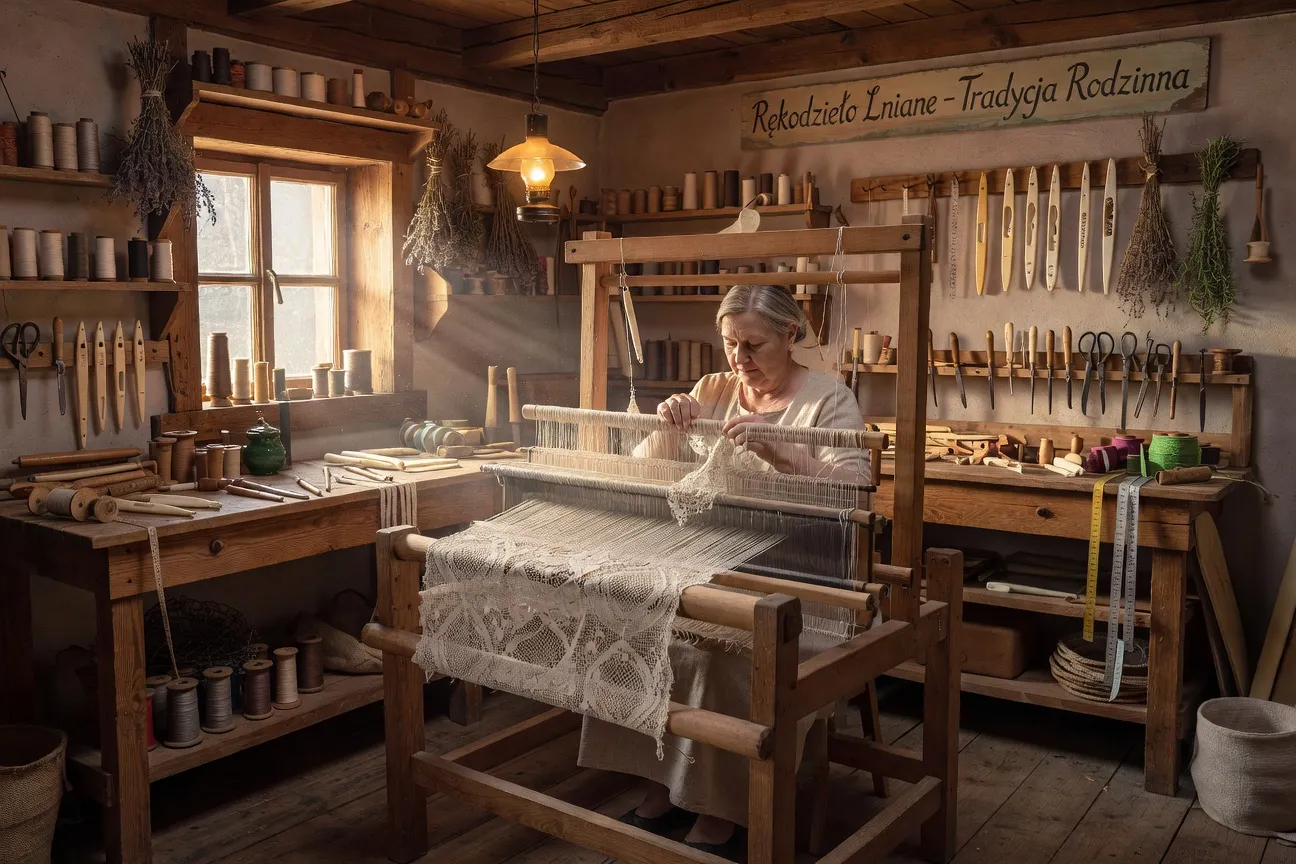 Atelier de lingerie artisanale est-européenne, couturière travaillant sur de la dentelle de lin naturel