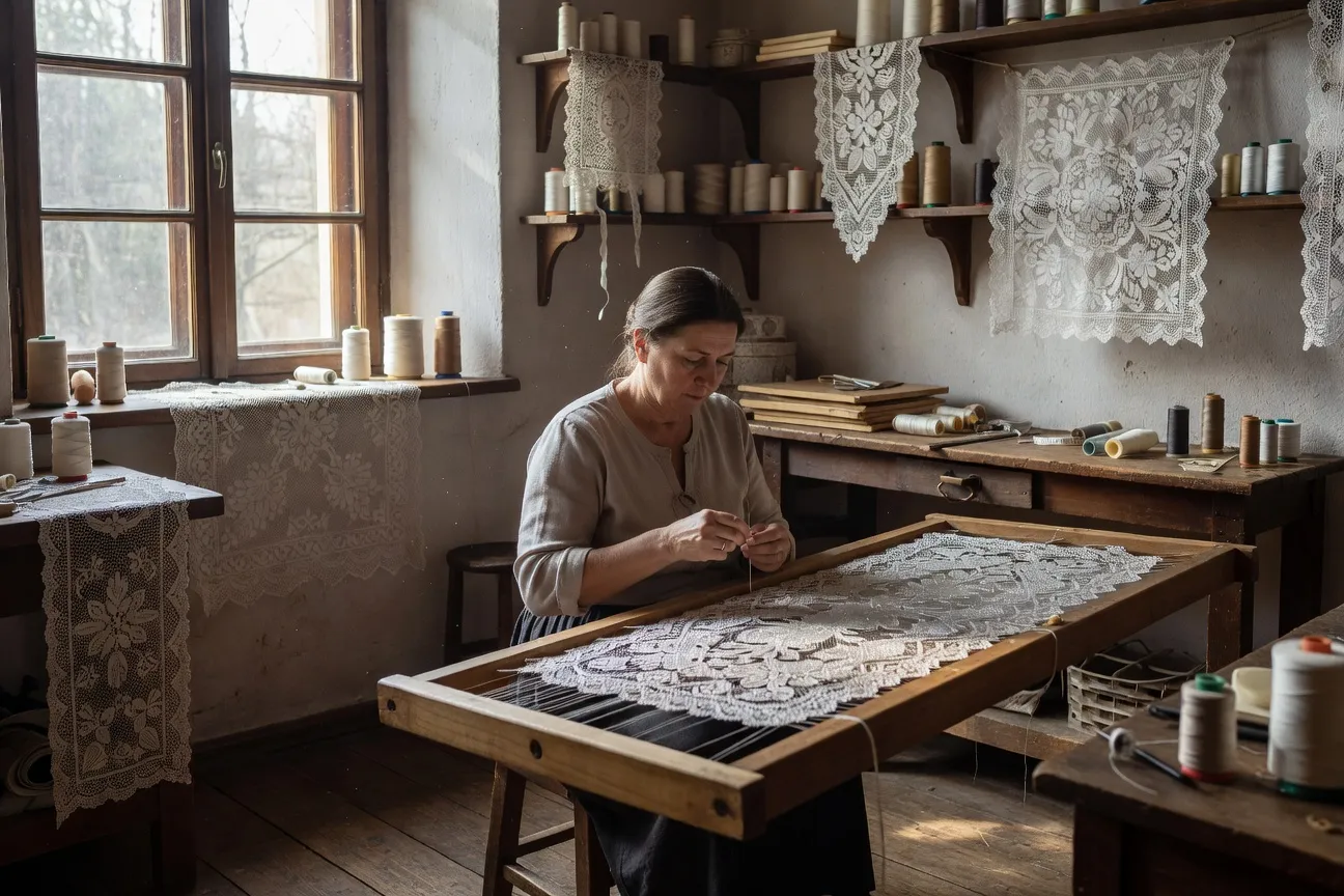 Atelier de lingerie artisanale à Prague, ouvrière brodant de la dentelle sur métier traditionnel, lumière naturelle