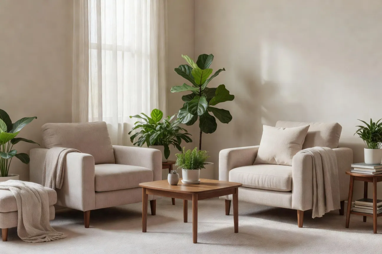 Cabinet de sexothérapie cosy avec deux fauteuils face à face, plantes vertes, lumière naturelle douce