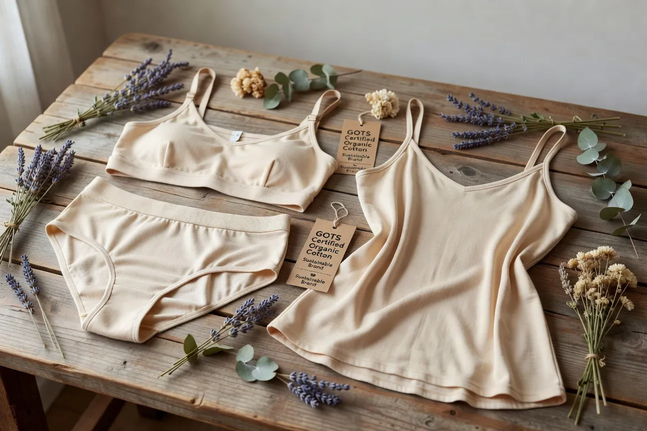 Collection lingerie slow fashion en coton bio, teintes naturelles écru et sable, marques européennes