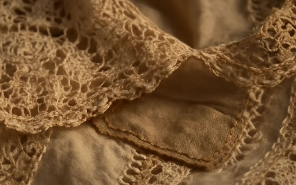 Détail d'étiquettes et de coutures sur pièces de lingerie ancienne pour authentification