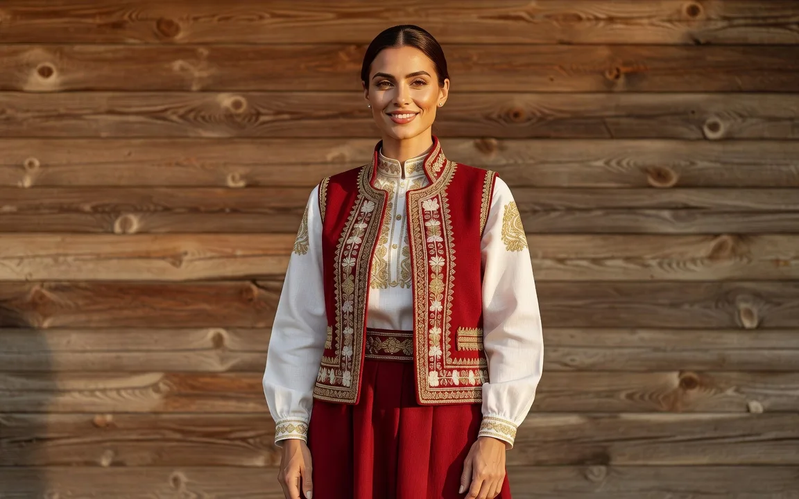 Costume traditionnel serbe avec broderie sur chemise et tablier, motifs de Voïvodine