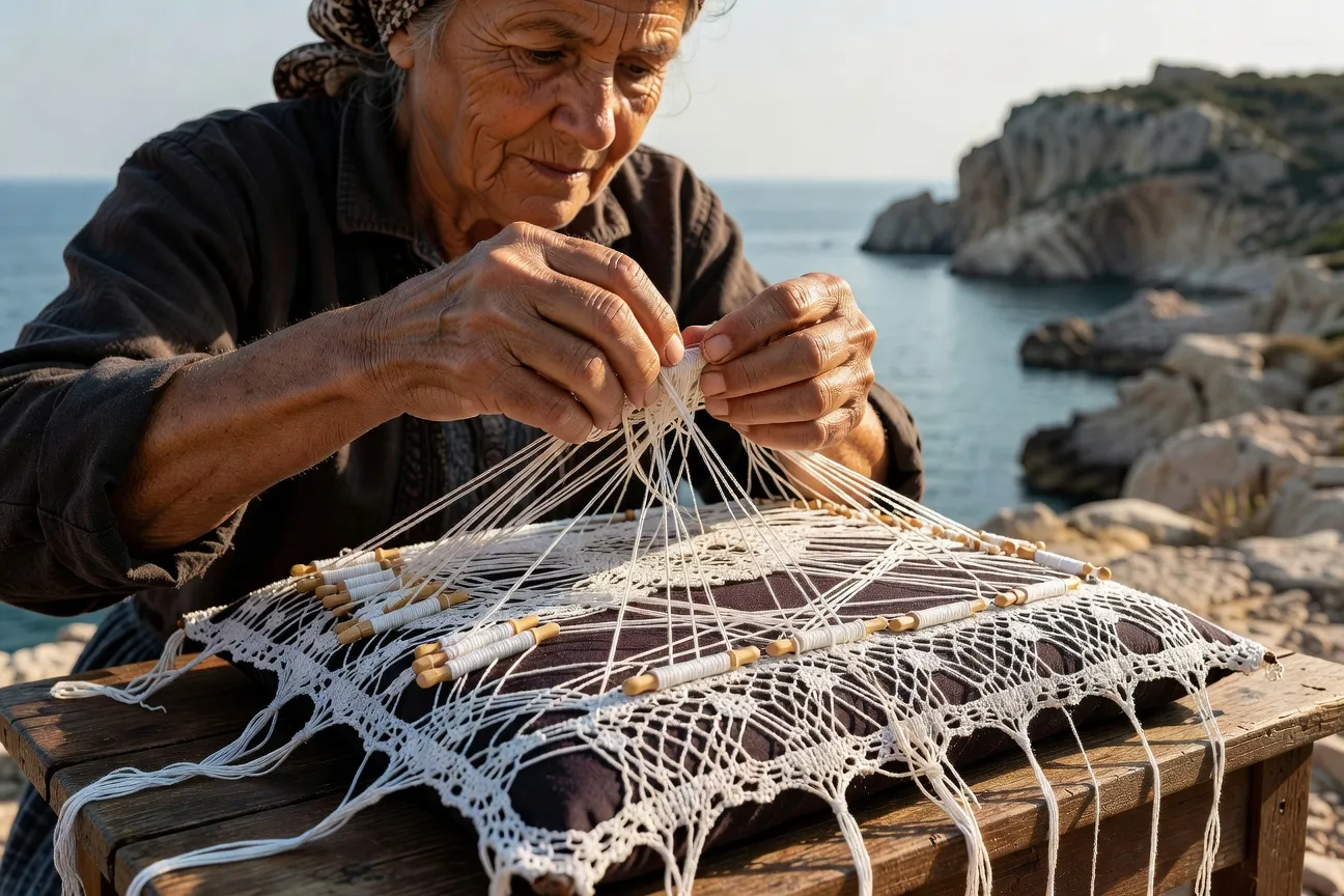 Mains d'artisane croate czipkarka réalisant la dentelle de Pag à l'aiguille, île dalmate, patrimoine UNESCO
