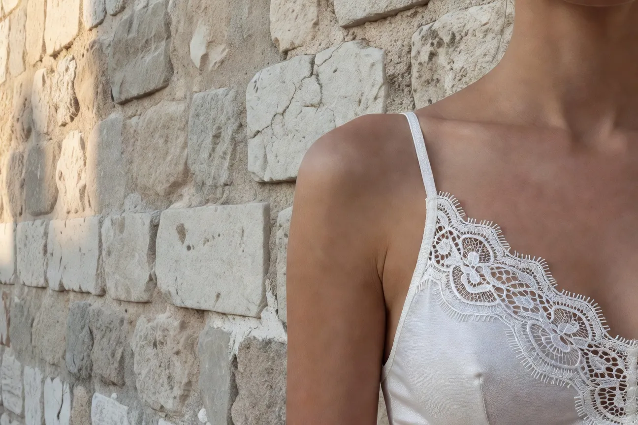 Femme portant une lingerie bralette en dentelle de Pag sur col, mur de pierre de Split ou Dubrovnik, lumière méditerranéenne