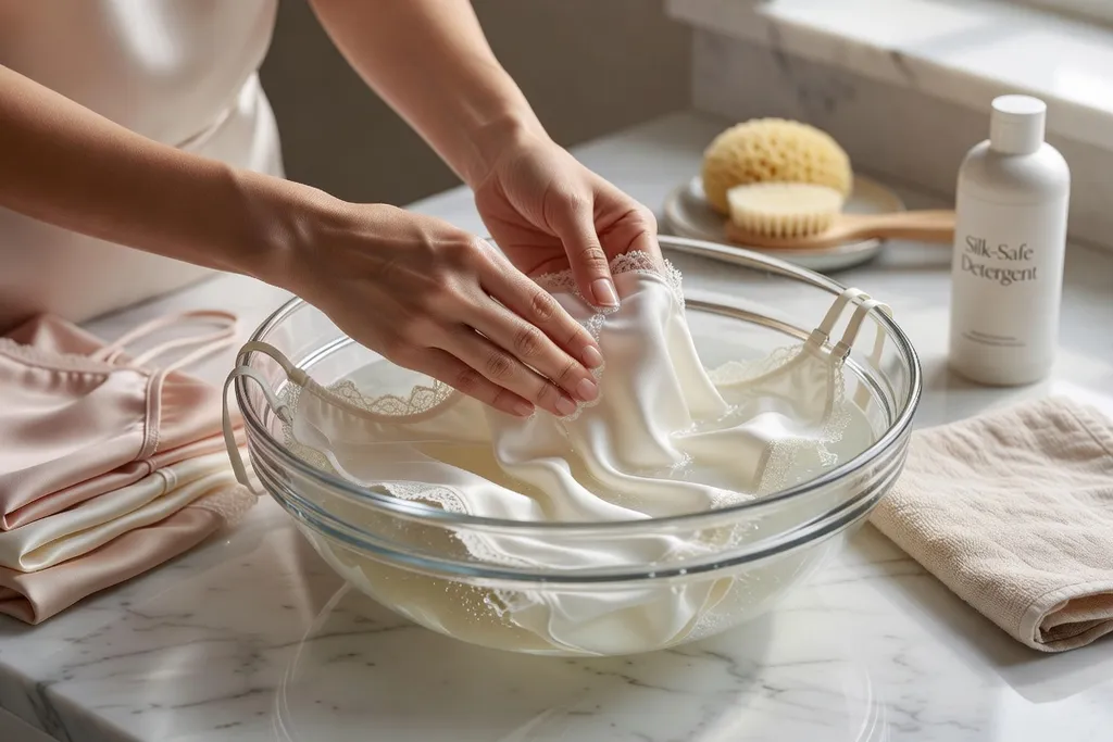 Mains lavant délicatement de la lingerie fine dans un bol en verre avec détergent spécial soie, geste doux et précis