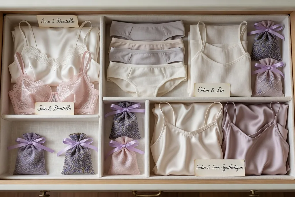 Lingerie fine rangée à plat dans un tiroir organisé, séparée par type de tissu avec sachets de lavande, organisation française