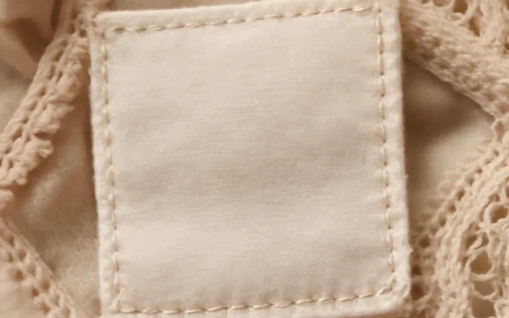 Détail d'une étiquette de composition textile européenne sur pièce de lingerie