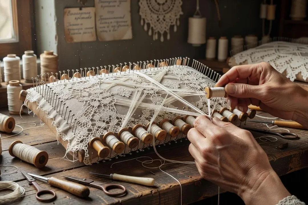 Gros plan sur une dentellière aux fuseaux, atelier de dentelle artisanale, savoir-faire Vologda, lumière douce d'atelier