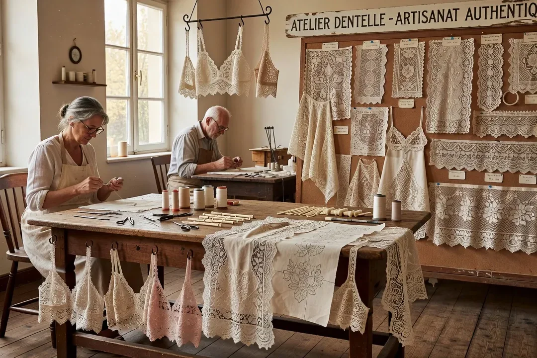 Pièces de lingerie artisanale en dentelle européenne, assortiment d'ateliers européens Belgique Pologne Croatie Italie, photographie éditoriale