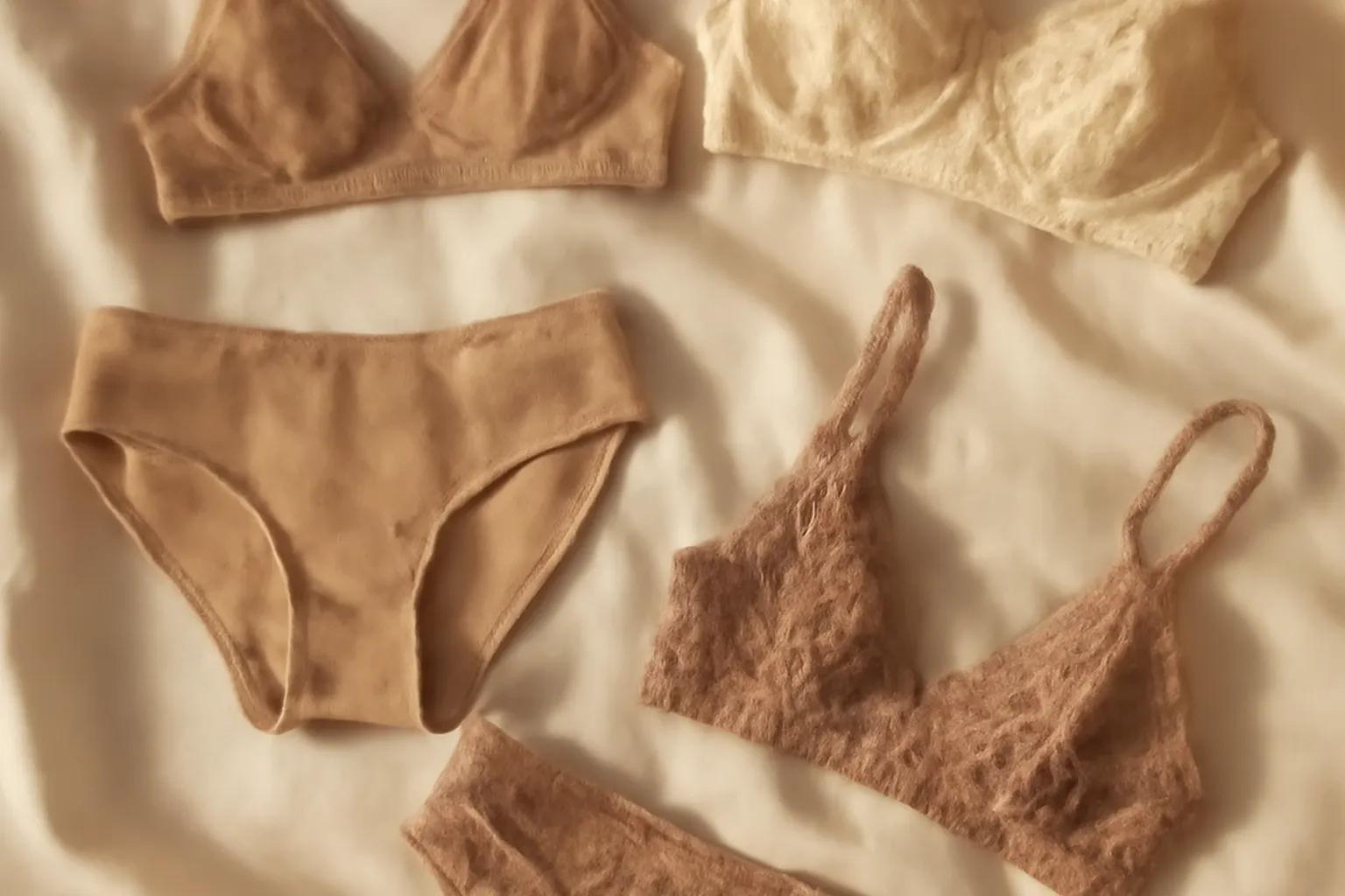 Composition à plat de plusieurs pièces de lingerie de marques indépendantes d'Europe de l'Est, style éditorial soigné