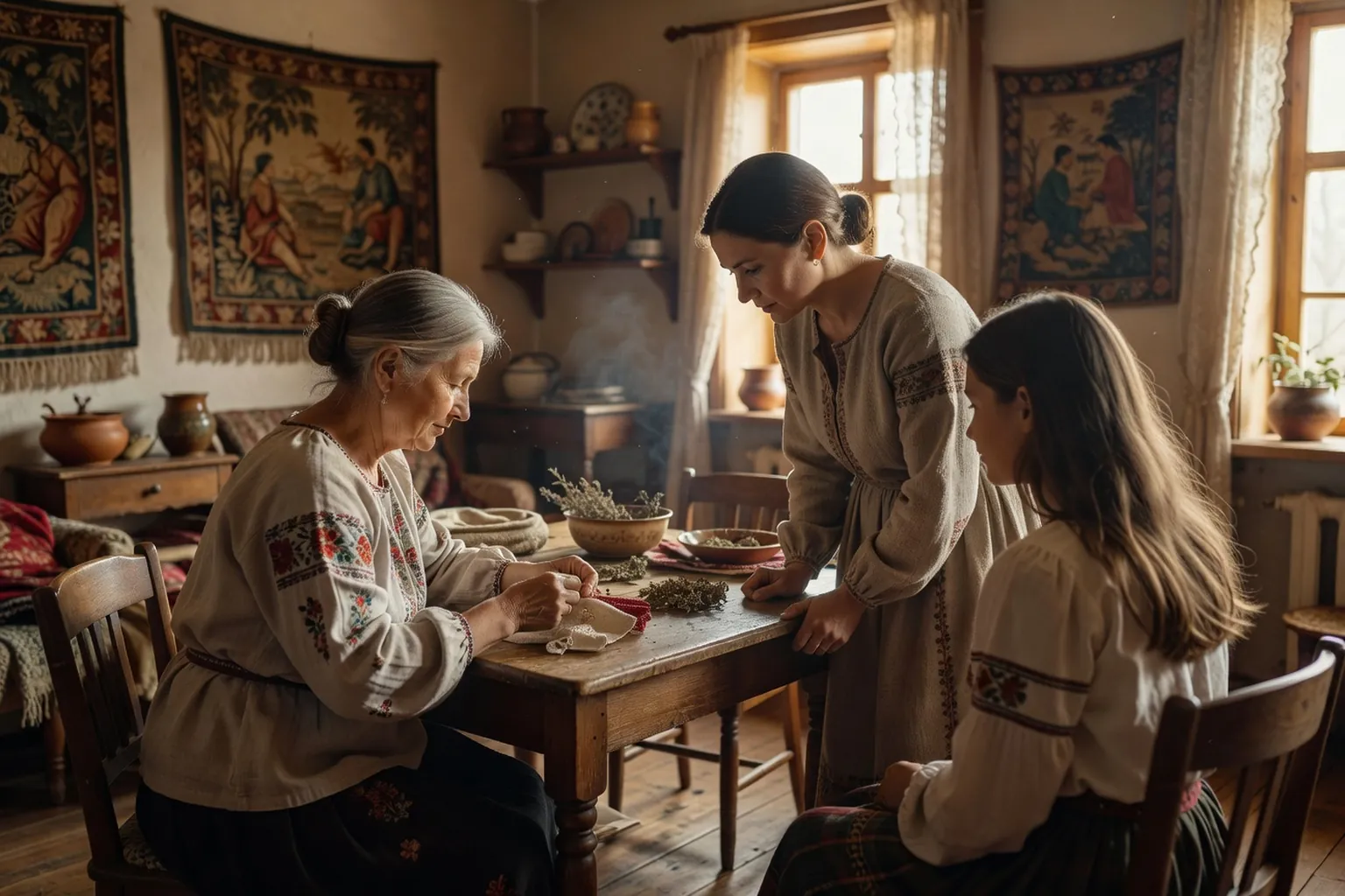 Trois générations de femmes slaves dans un intérieur traditionnel