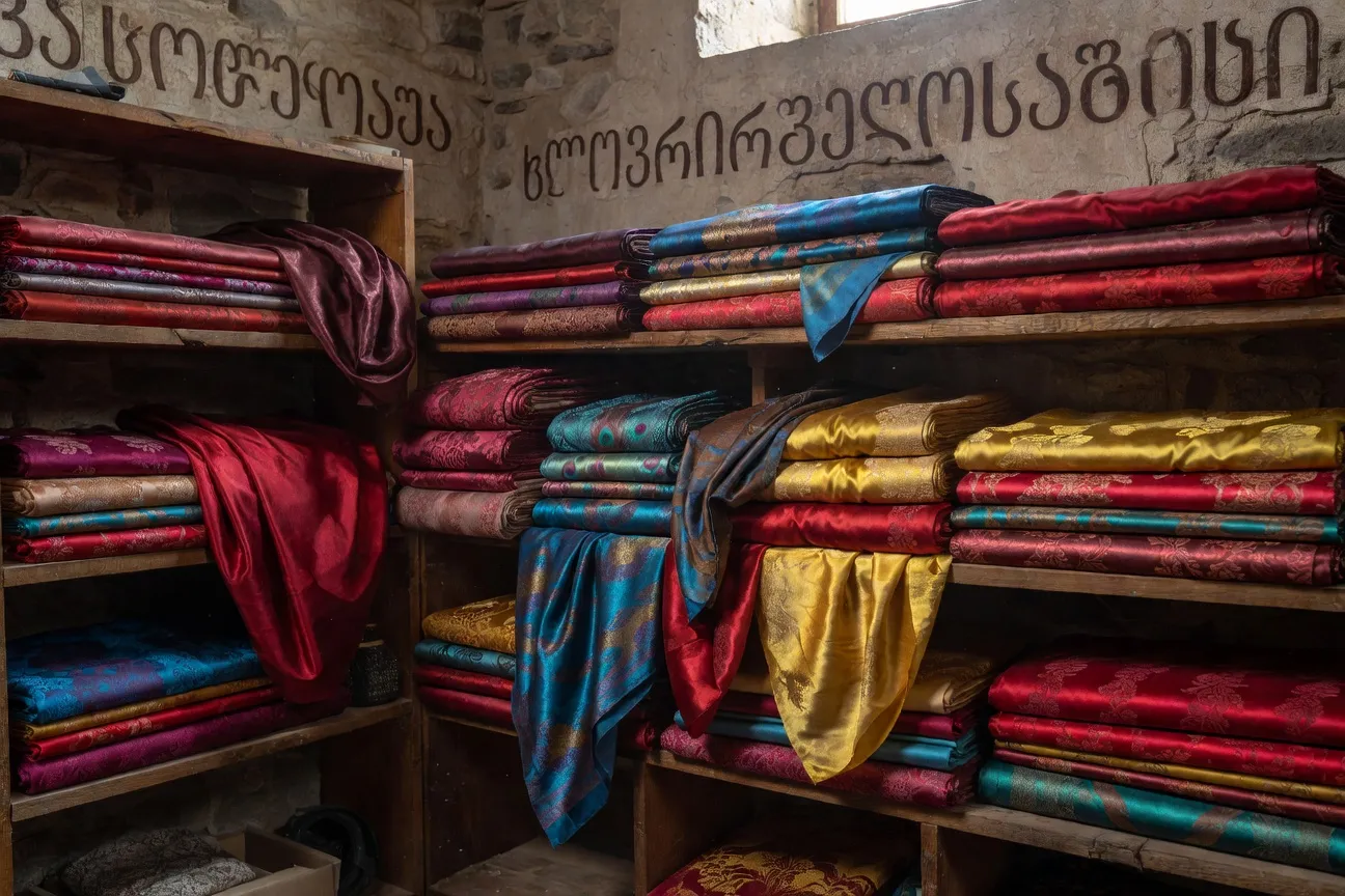 Bobines de soie géorgienne naturelle en tons bijou — bordeaux, bleu sarcelle, or — dans un atelier textile de Tbilissi