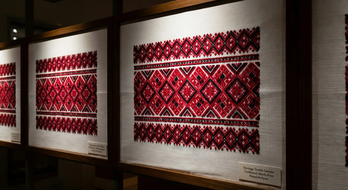 Mains d'artisane brodant un motif vyshyvanka traditionnel sur toile de lin blanc