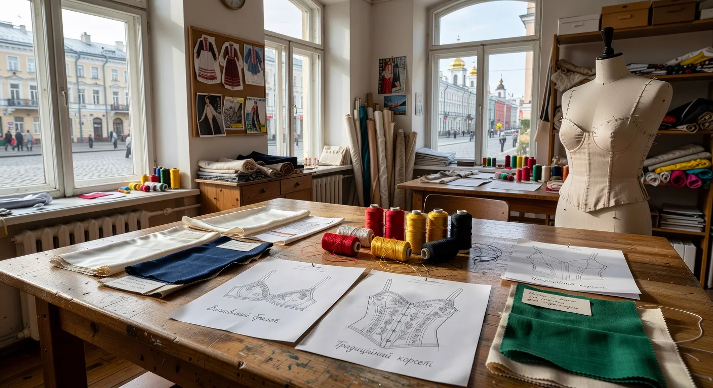 Atelier de création de lingerie à Kiev, esquisses et échantillons de broderie vyshyvanka sur table de travail