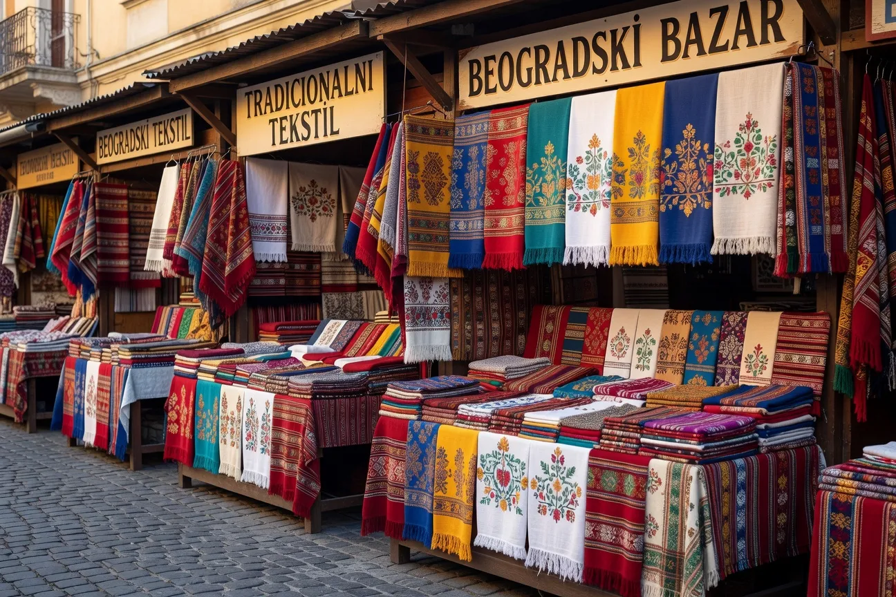 Marché de textiles balkaniques à Belgrade, tissus colorés à motifs traditionnels, ambiance culturelle vibrante