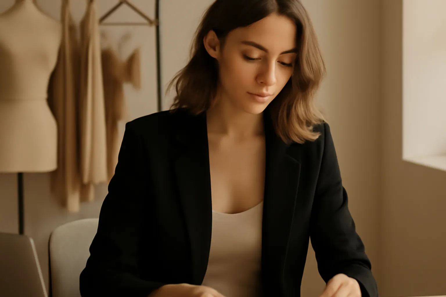Fondatrice de marque de lingerie DTC dans un studio de design moderne à Varsovie, esquisses et échantillons de tissus