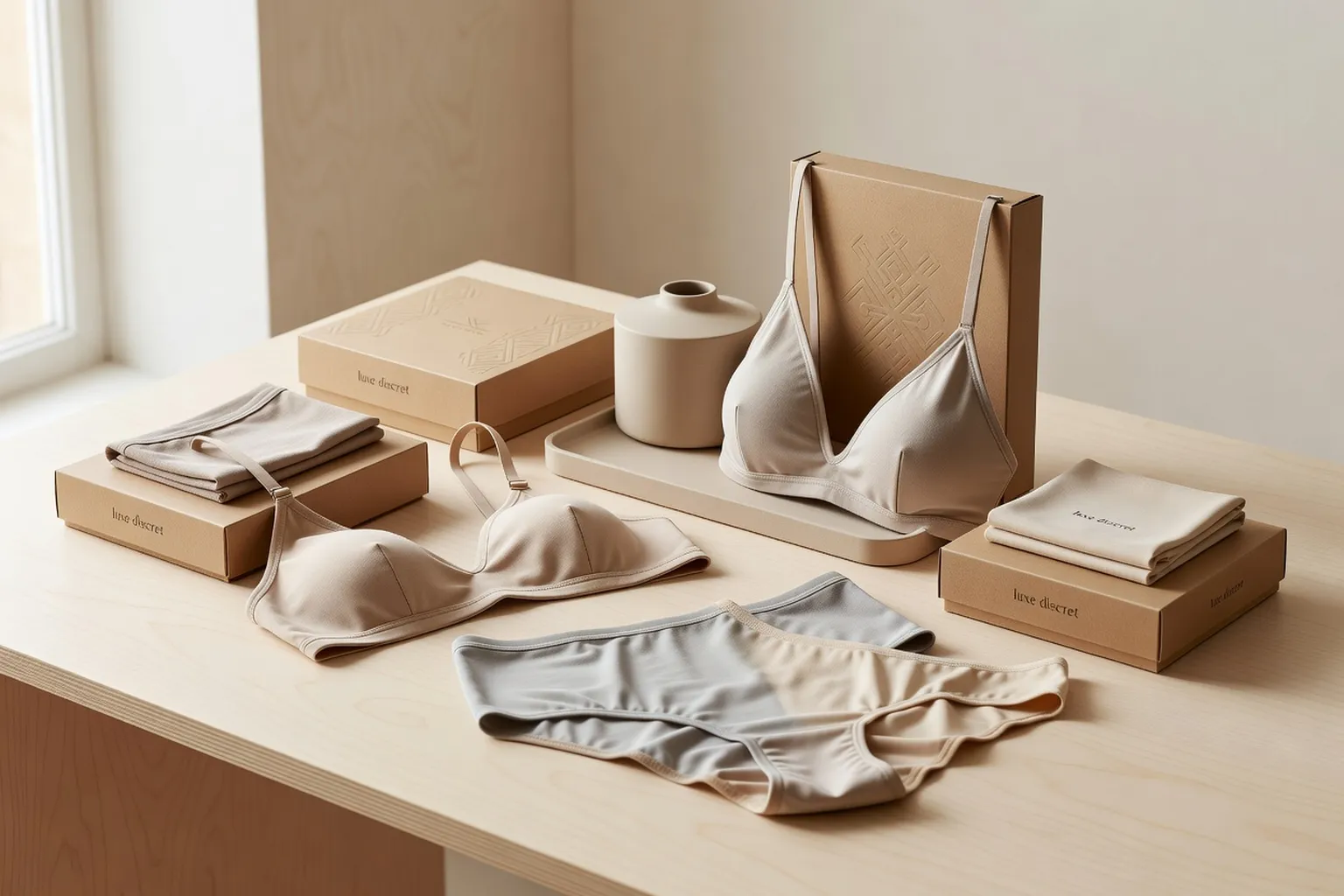 Packaging minimaliste de lingerie DTC avec motifs textiles slaves discrets, esthétique épurée scandinave-slave