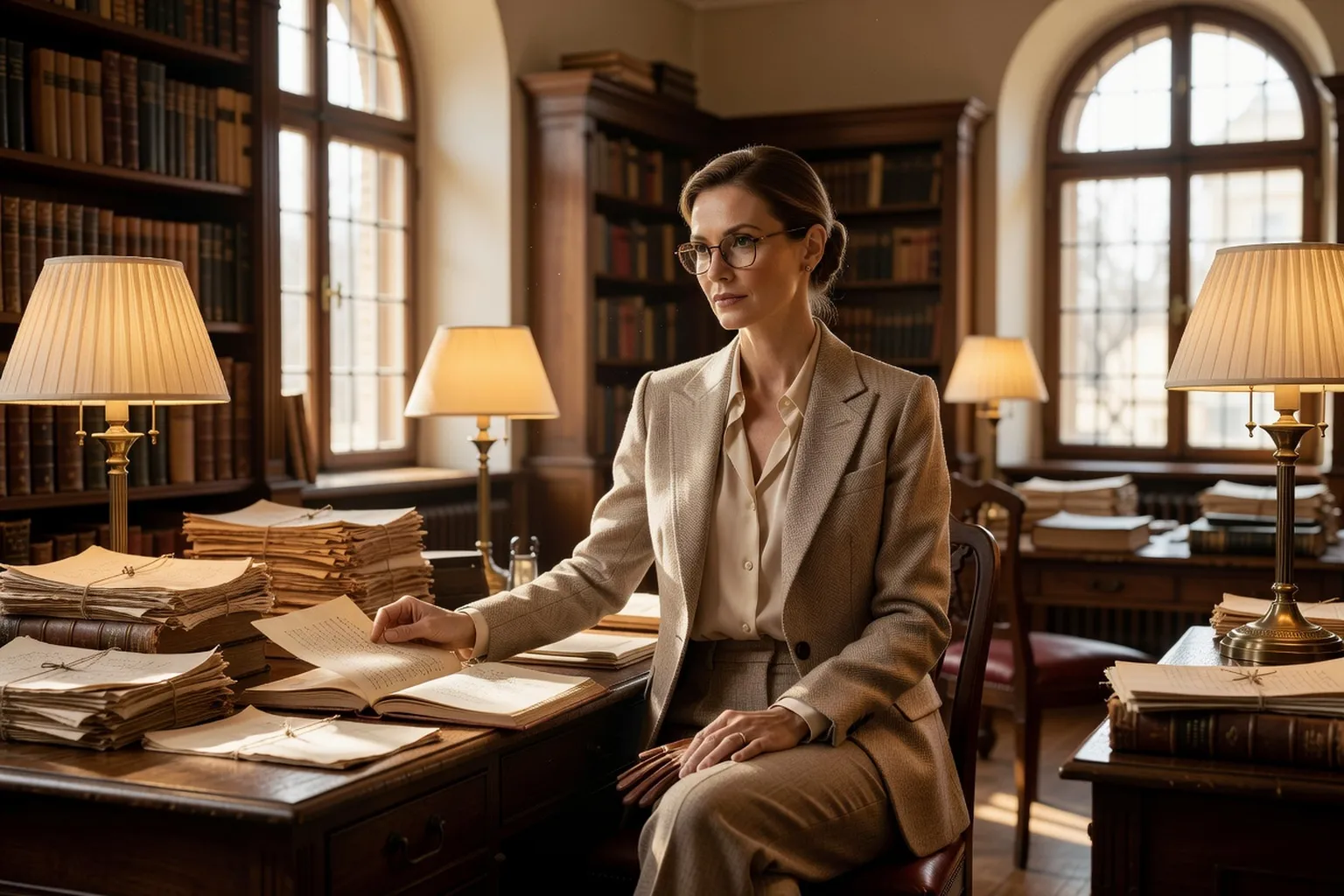 Portrait d'historienne de la mode dans une bibliothèque d'archives à Moscou, ambiance feutrée et documentaire