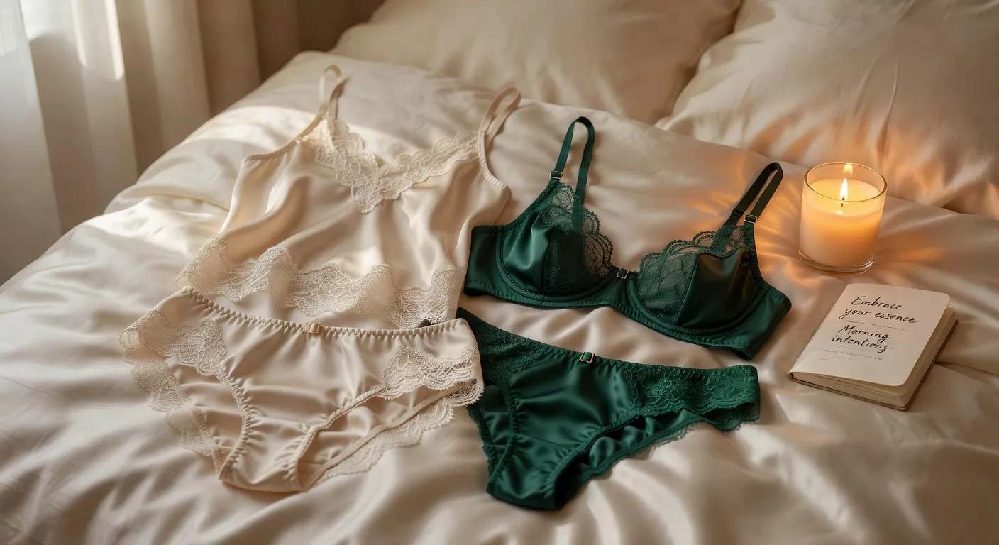 Collection de lingerie élégante sur literie crème, ambiance rituel d'intimité, bougies et pétales de roses séchées