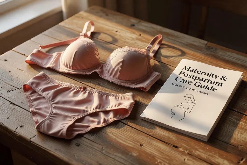 Soutien-gorge d'allaitement et culotte de grossesse en coton naturel sur table en bois, préparation trousseau maternité