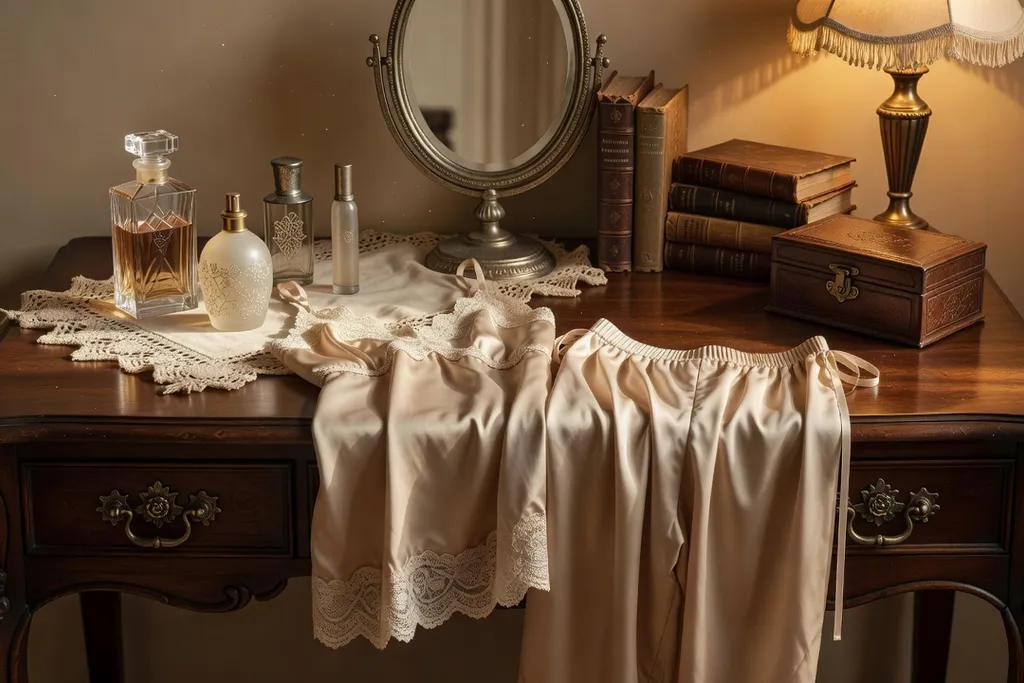Pièce de lingerie élégante posée sur une coiffeuse ancienne avec flacon de parfum, esthétique féminine mature