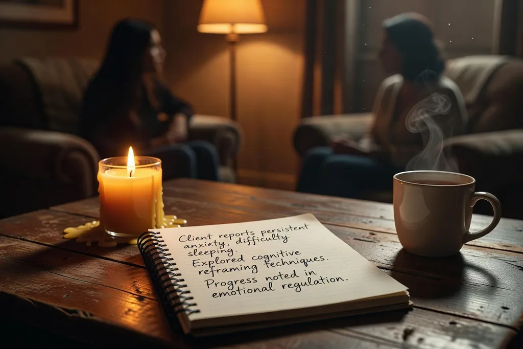 Notes de thérapie de couple et bougie sur bureau en bois, atmosphère de consultation intime et bienveillante