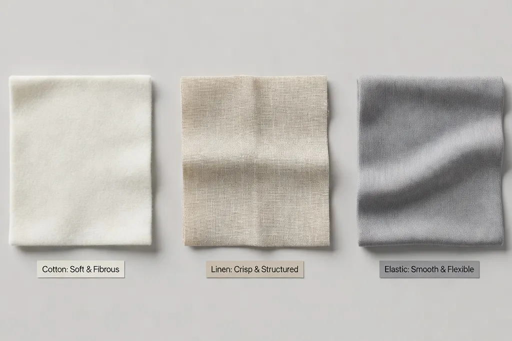 Échantillons de coton, lin et tissu élastique côte à côte, comparaison de textures, photographie minimaliste