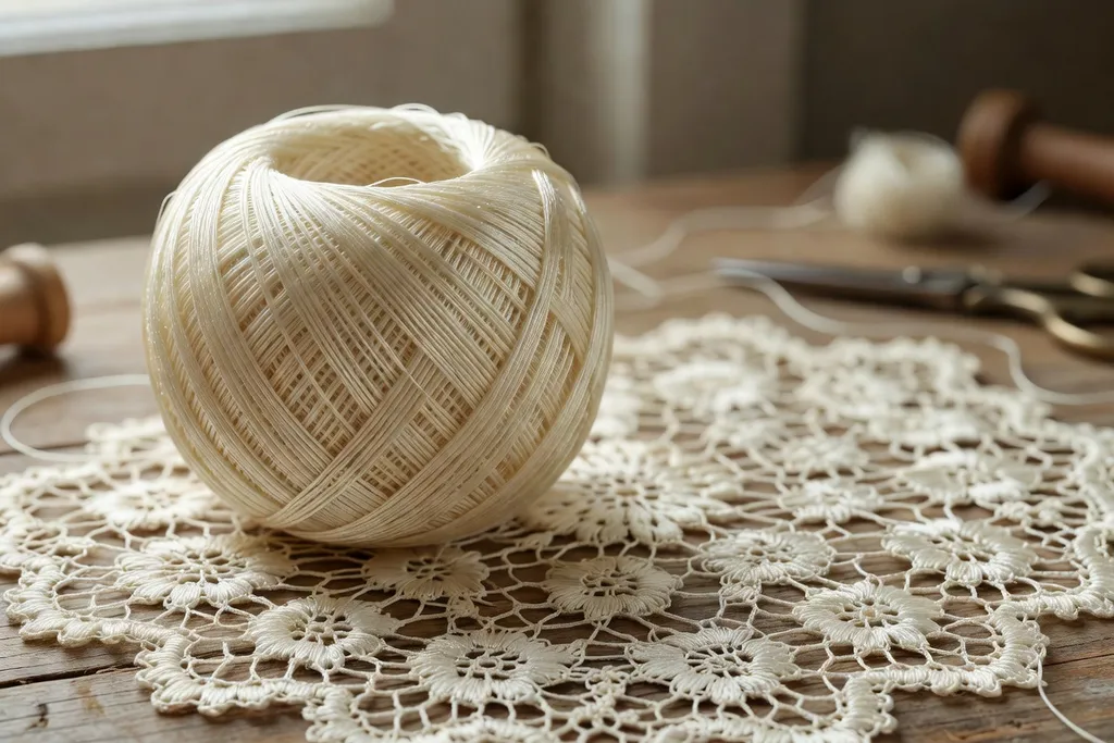 Fil de soie en pelote et échantillon de dentelle côte à côte, photographie macro aux tons crème, artisanat textile