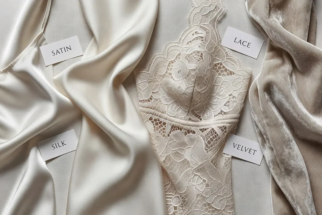 Gros plan sur différentes textures de lingerie artisanale, satin soie dentelle velours, comparaison tactile, photographie éditoriale macro