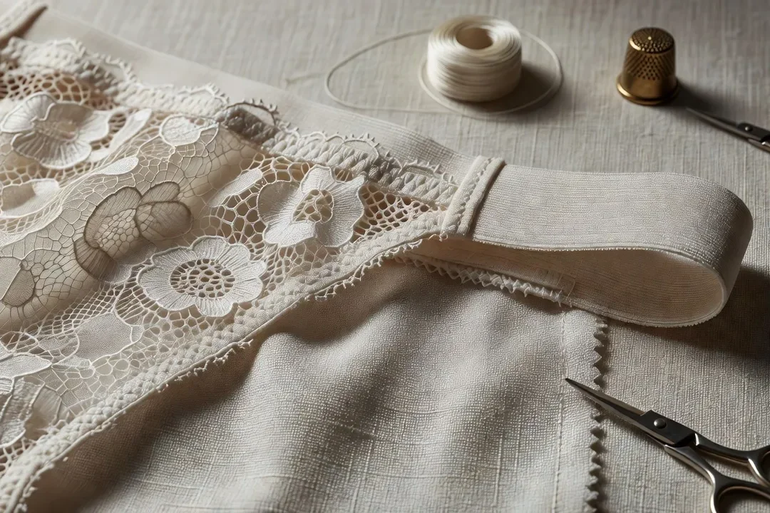 Détails techniques de lingerie artisanale, structure de dentelle aux fuseaux, élastique, armature, tressage de tissu, photographie éditoriale macro