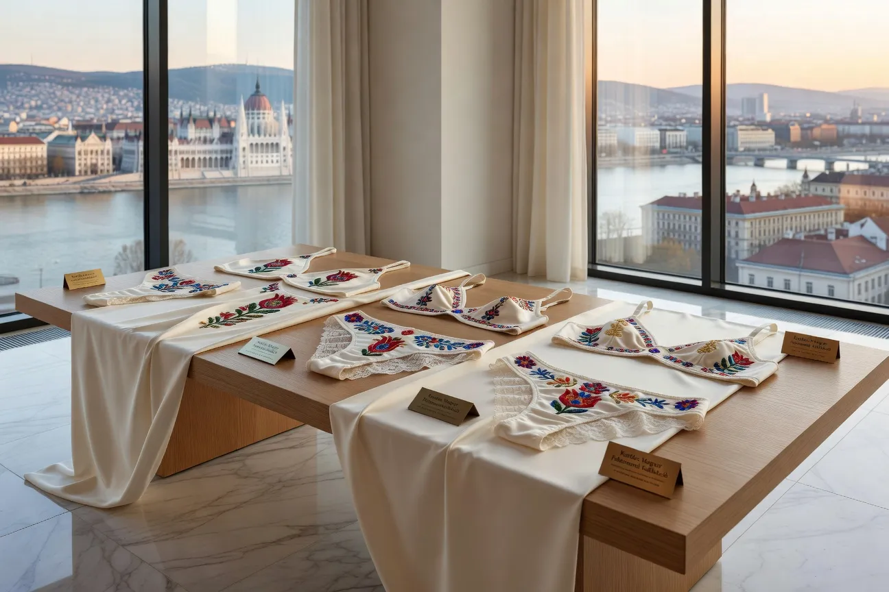 Collection lingerie hongroise contemporaine, motifs Magyar brodés sur fond ivoire, Budapest showroom