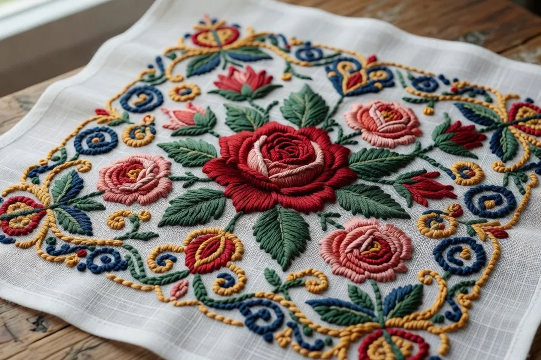 Broderies bulgares traditionnelles, motifs de roses et fleurs de la Vallée de Kazan, broderie à l'aiguille sur lin naturel