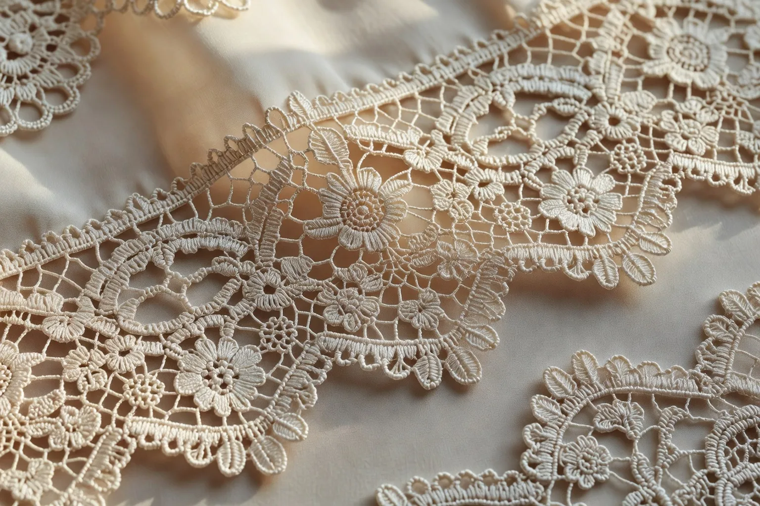 Détail de dentelle arménienne au crochet traditionnelle, motifs floraux fins appliqués sur textile délicat