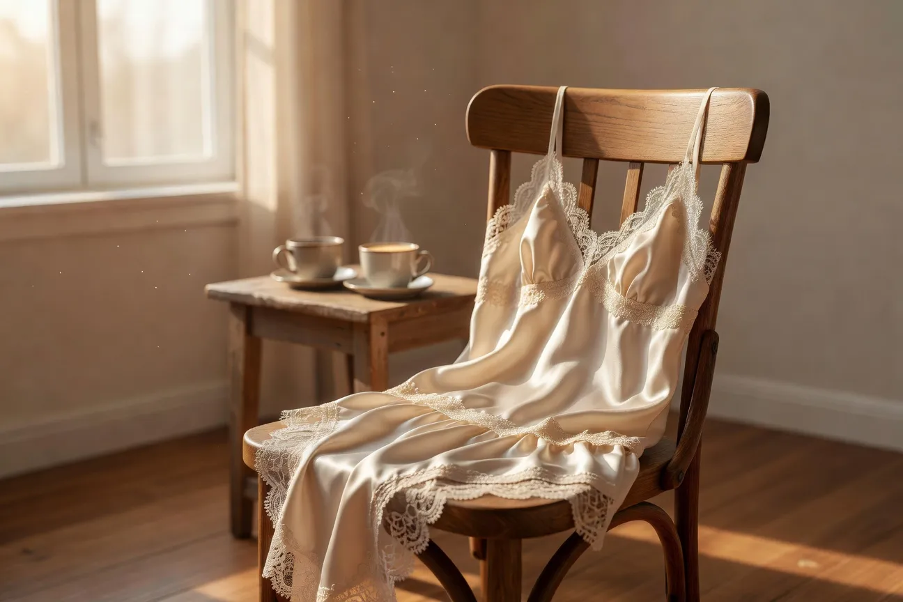 Lingerie satinée douce posée sur lit, ambiance intimité sereine et désir dans le couple
