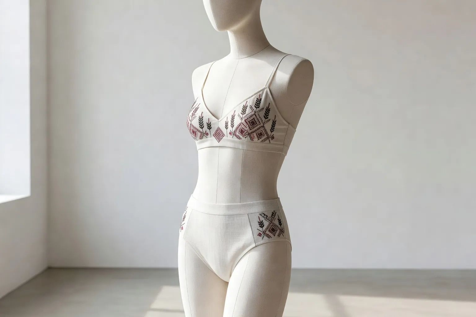 Mannequin éditorial portant une lingerie inspirée des traditions slaves