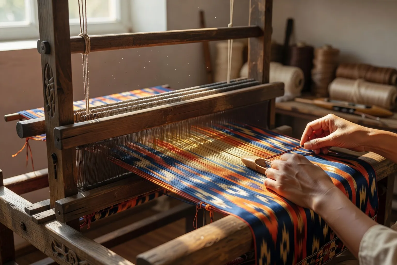 Atelier artisanal de tissage de soie ikat en Ouzbékistan, métiers à tisser traditionnels de Boukhara