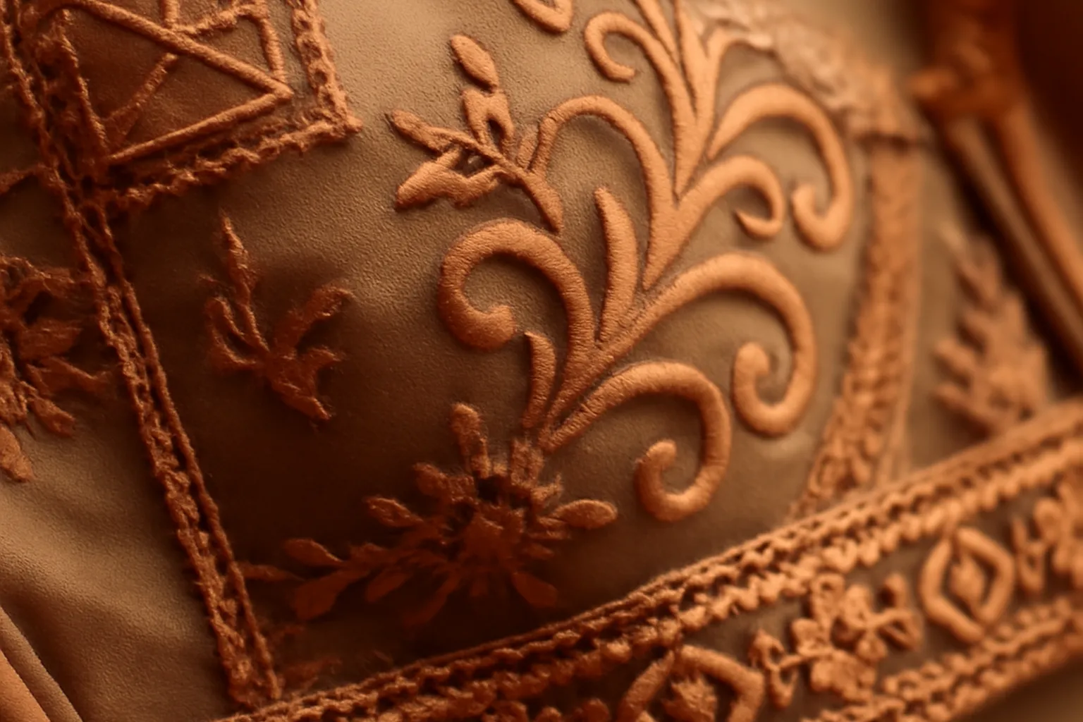 Détail de broderie kazakhe contemporaine aux motifs géométriques nomades appliquée sur textile fin