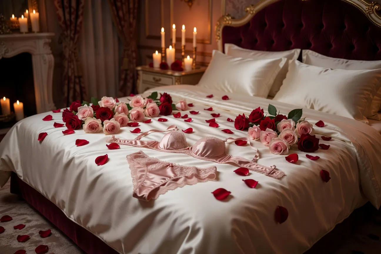 Nuit de noces lingerie satin rose poudré, ambiance boudoir romantique est-européen