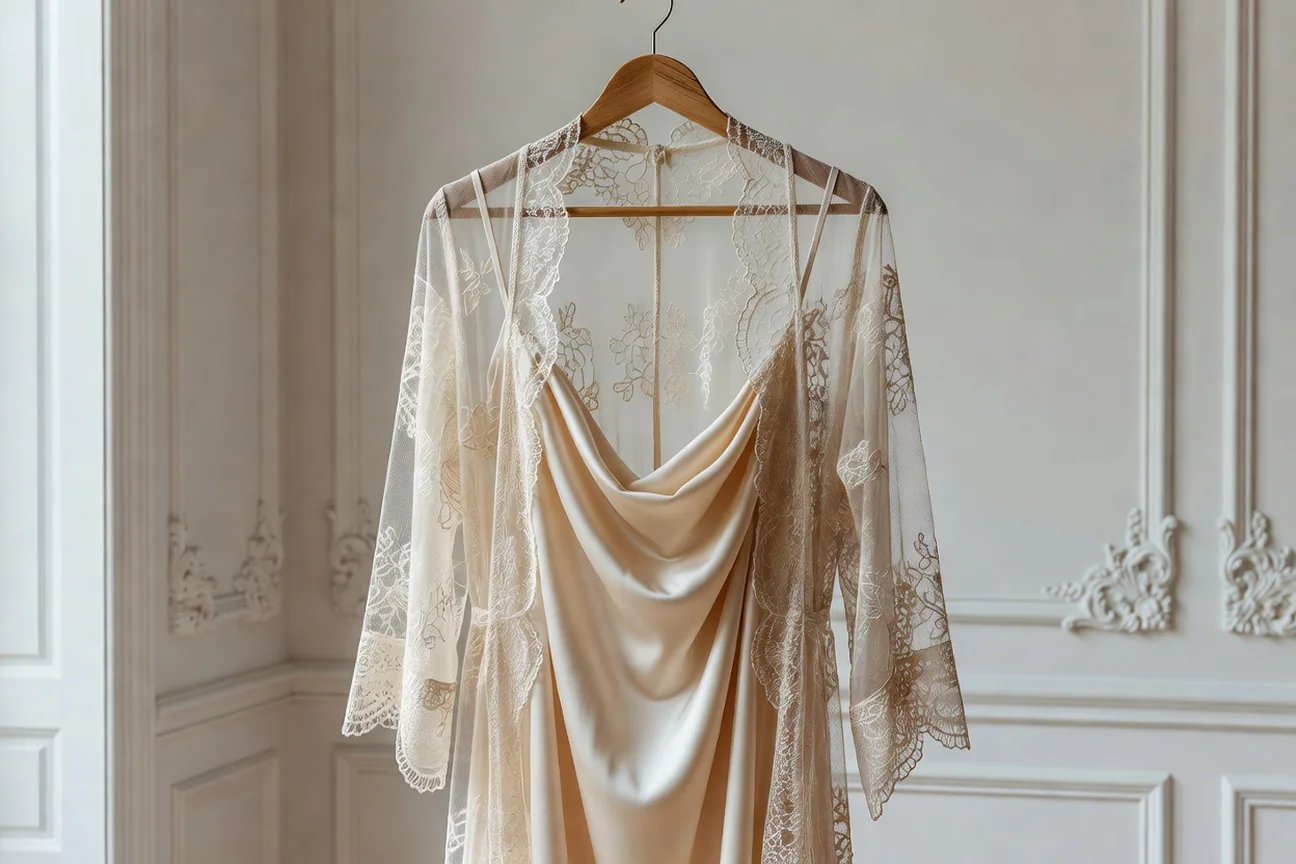 Nuisette en soie champagne et robe de chambre en dentelle fine suspendues sur un cintre en bois dans une chambre classique