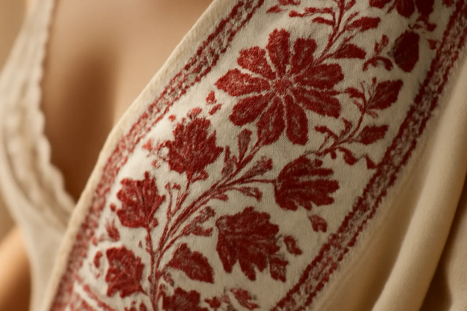 Détail de broderie traditionnelle slave rouge et blanche sur textile de trousseau de mariage