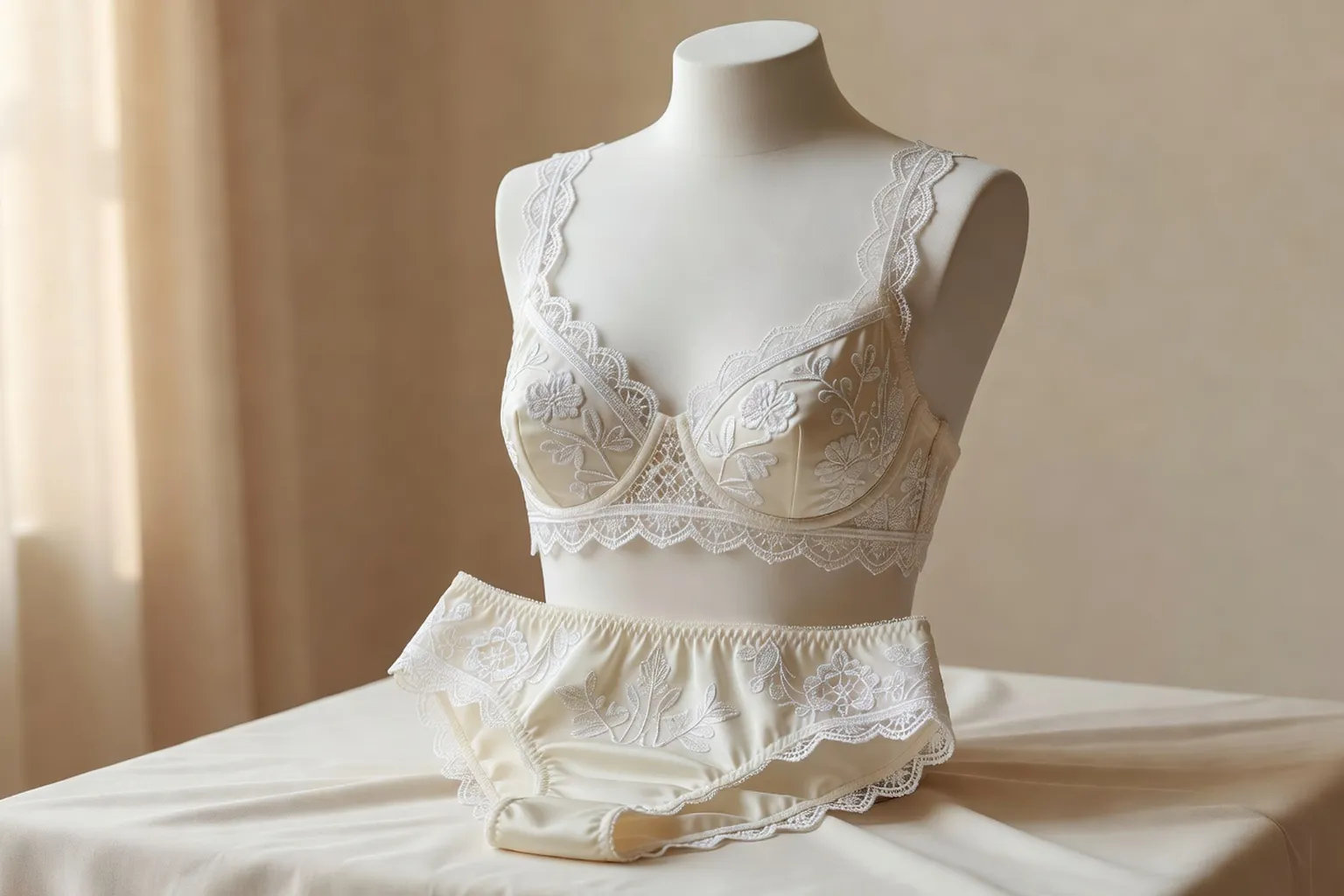 Pièce de lingerie nuptiale contemporaine inspirée des motifs slaves, dentelle fine et broderie discrète