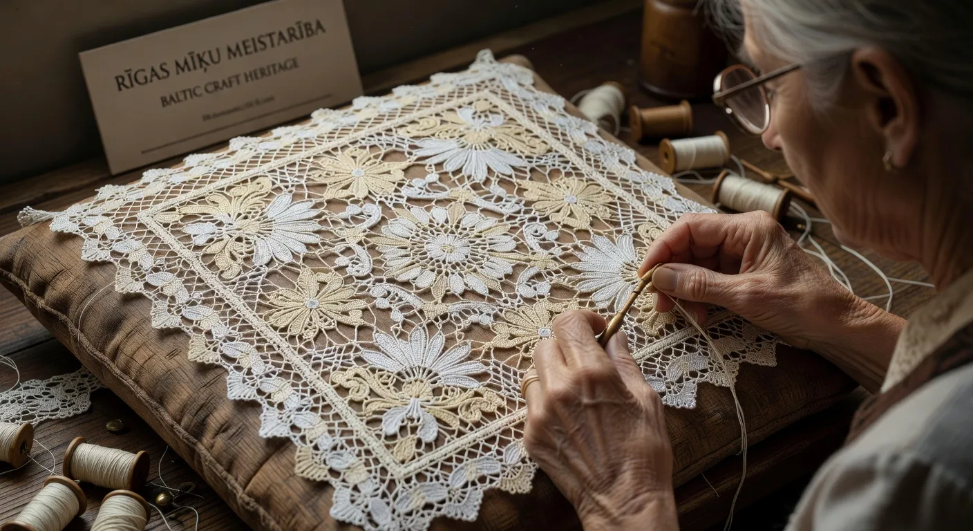 Dentelle traditionnelle lettone aux fuseaux, motifs Auseklis en crème et blanc, artisanat de Riga