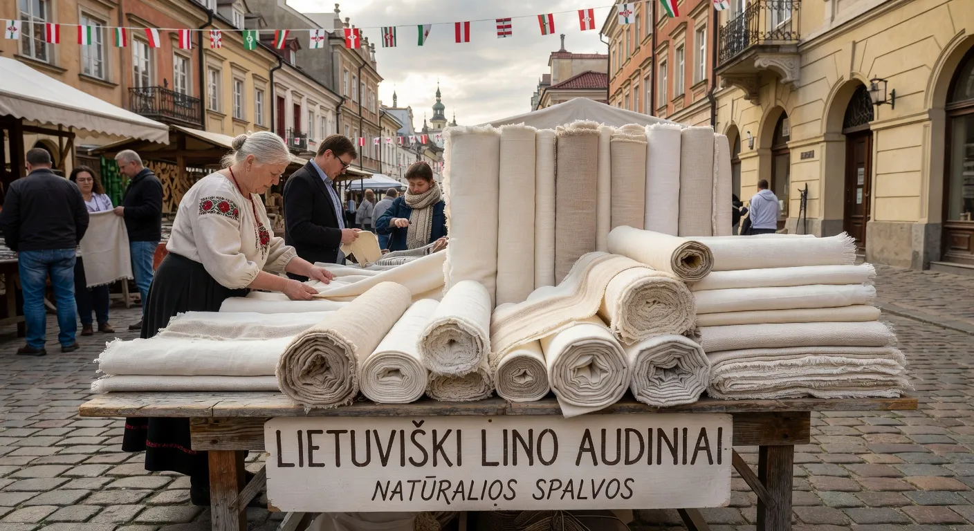 Bobines de fil de lin naturel lituanien en tons crème et ivoire, artisanat textile balte