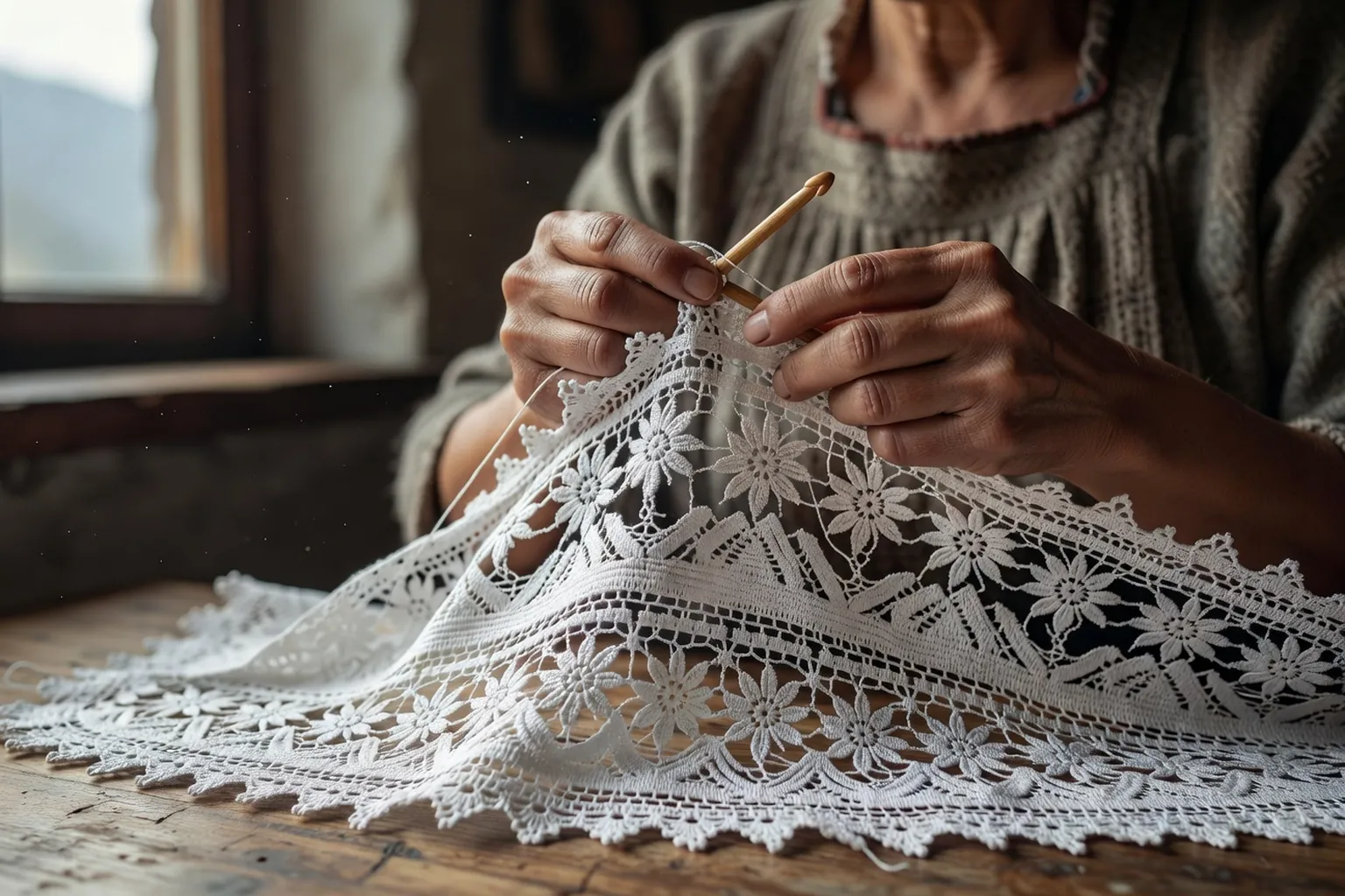 Artisane de Koniakow réalisant de la dentelle au crochet