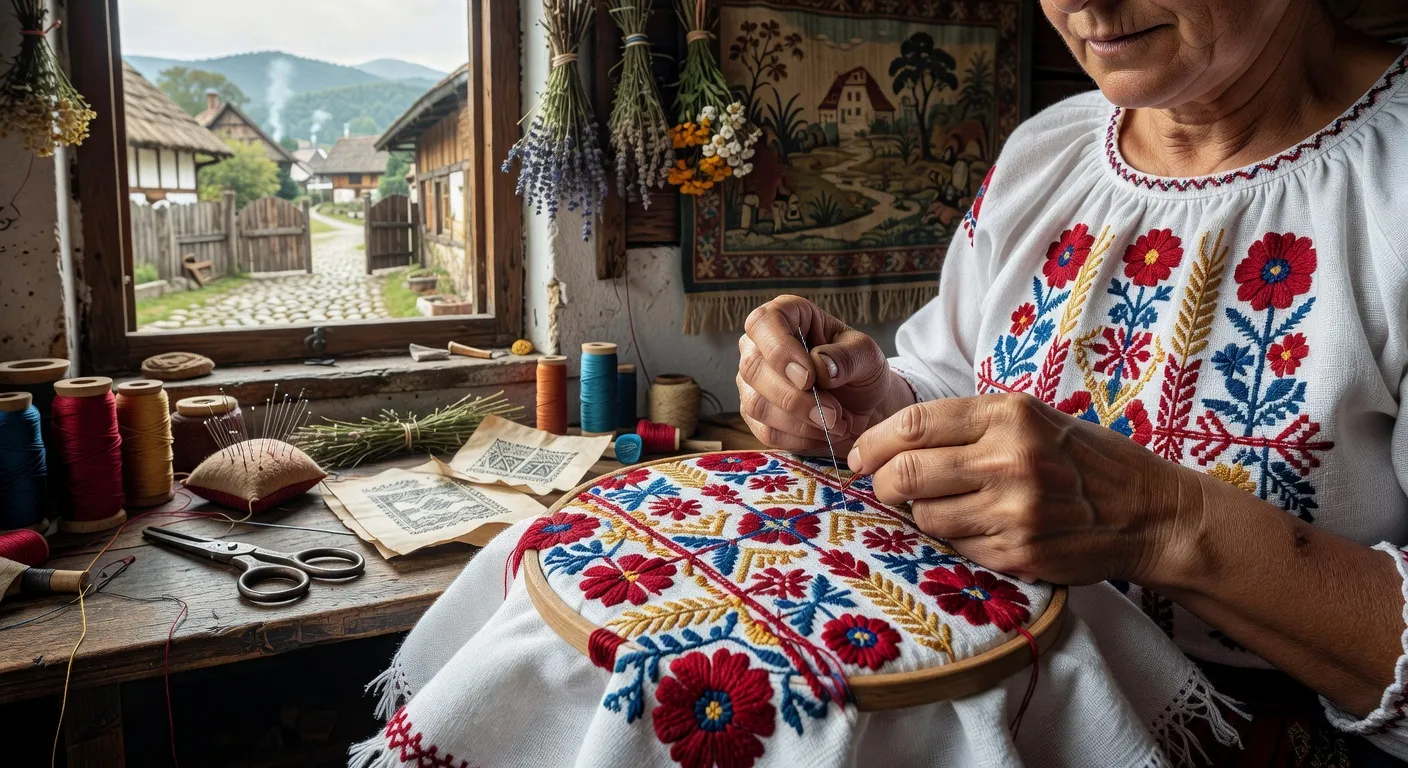 Artisane roumaine brodant un motif ie traditionnel sur toile de coton blanc, village de Transylvanie