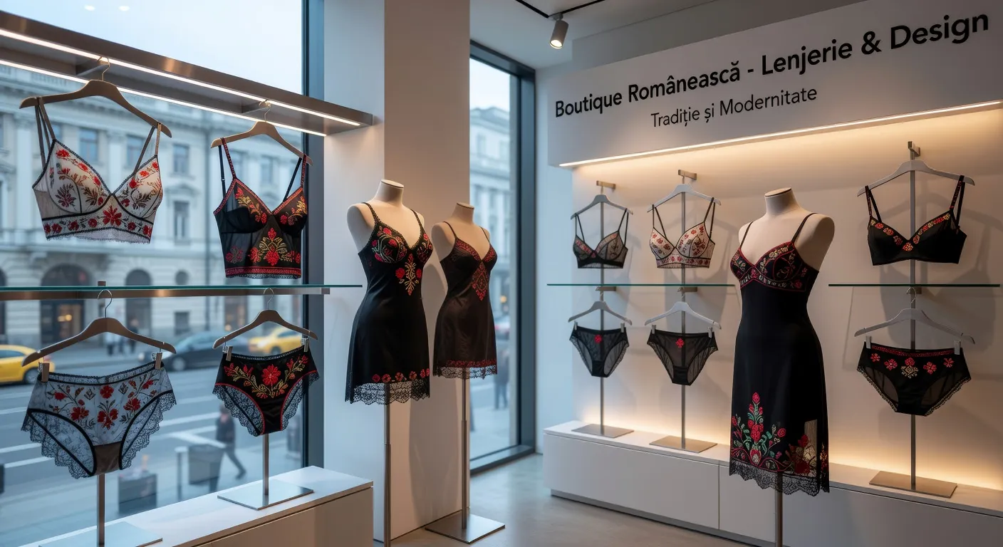 Boutique de lingerie contemporaine à Bucarest, collection alliant broderie roumaine et silhouettes modernes